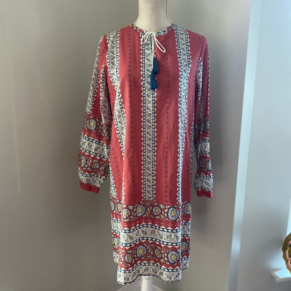 EUC Benin Style Red Blue Block Print Tunic Dress